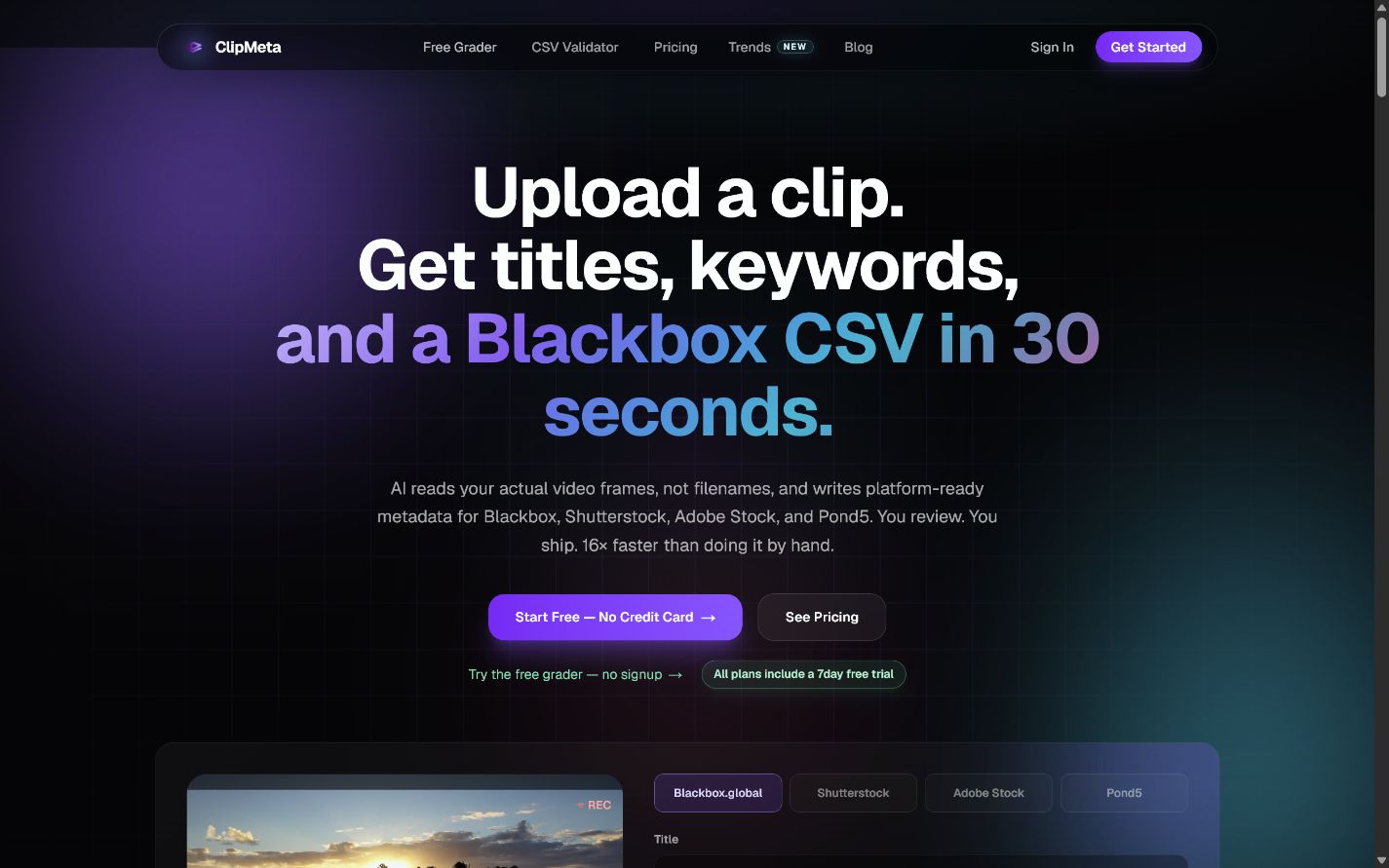Current ClipMeta homepage preview