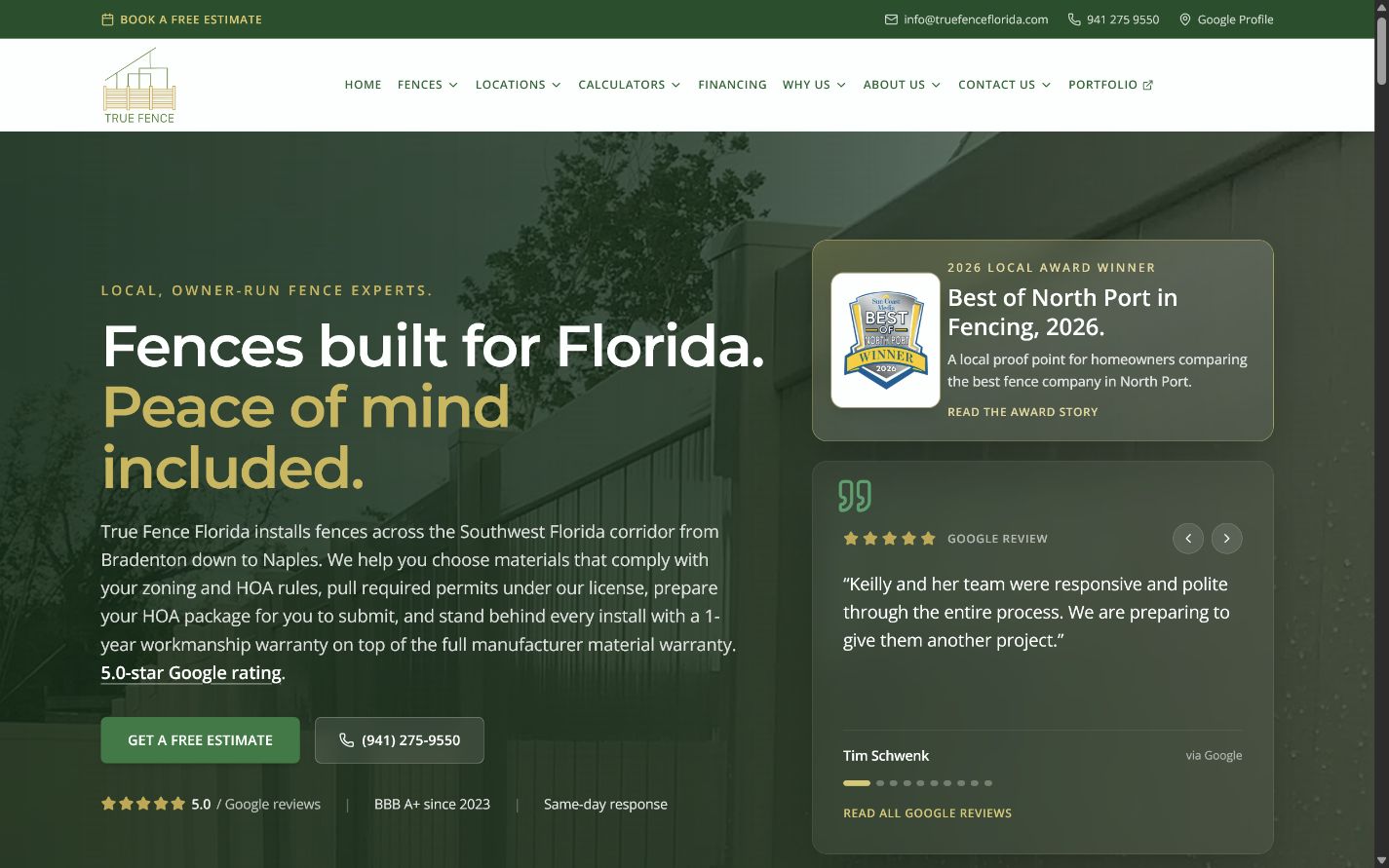 Current True Fence Florida homepage preview